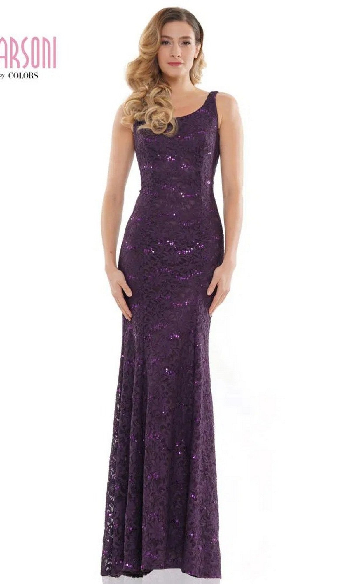 A woman stands against a white background wearing the Marsoni M301, a floor-length, fitted purple sequin formal dress with sleeveless lace detailing.
